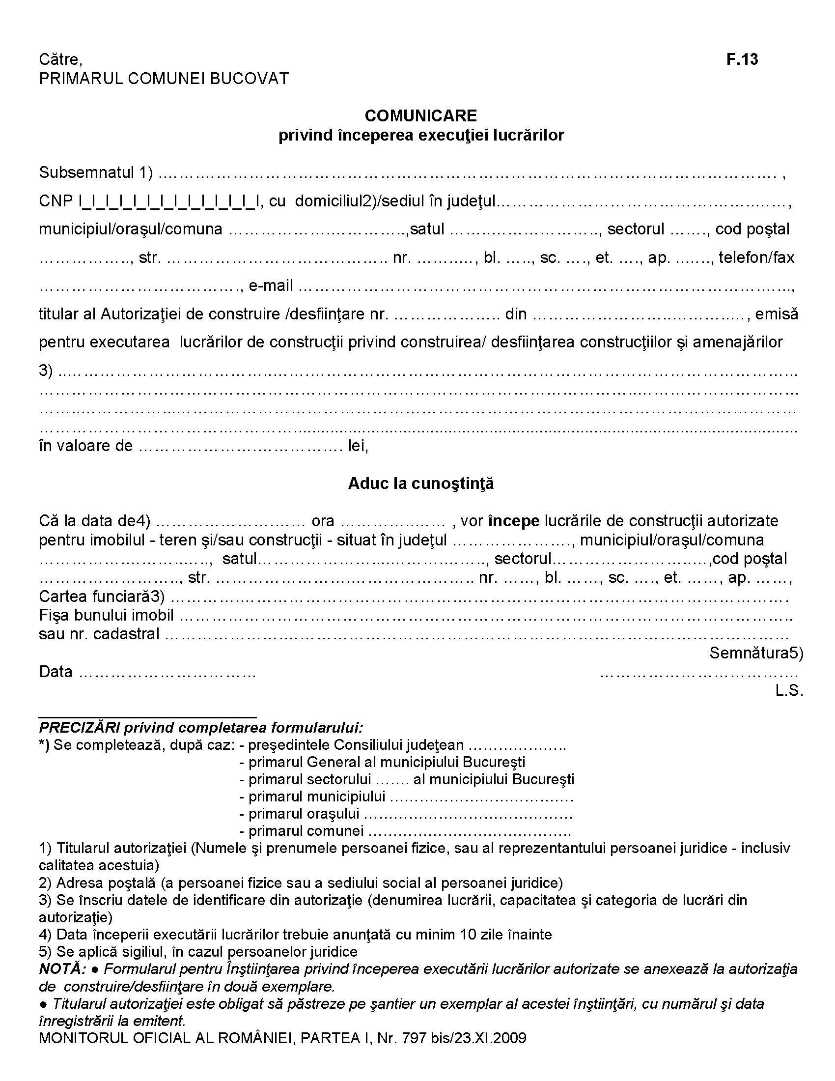 Comunicare privind începerea execuţiei lucrărilor către Primărie – F13 ...